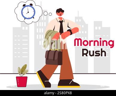 Illustrazione vettoriale di Morning Rush con persone affrettate verso le aziende, la vita di Morning City, la gestione del tempo e l'urgenza del tempo che scade Illustrazione Vettoriale