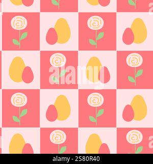 Motivo geometrico pasquale floreale e astratto con fiori e uova. Illustrazione Vettoriale