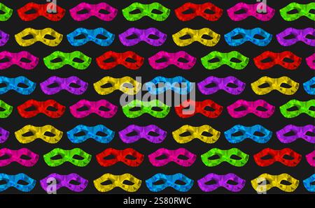Motivo senza cuciture con maschere carnevalesche colorate in triangoli poligonali stile Low Poly, carta moderna colorata, illustrazione vettoriale isolata Illustrazione Vettoriale