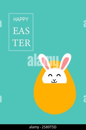 Carino design della carta di pasqua con un coniglietto sorridente all'uovo. Scheda di geometria moderna astratta di Pasqua. Illustrazione Vettoriale