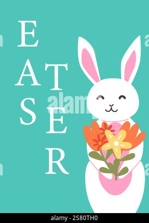 Coniglietto pasquale con fiori colorati sullo sfondo color verde acqua. Scheda di geometria moderna astratta di Pasqua. Illustrazione Vettoriale