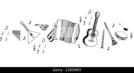 Strumenti musicali popolari, fisarmonica, balalaika, corno, flauto, cucchiai, note, chitarra acustica. Tutti gli oggetti sono disegnati a mano in vettore, adatti per Illustrazione Vettoriale