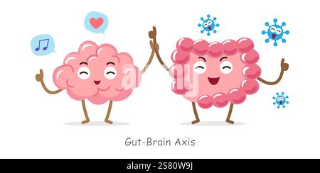Asse intestino-cervello . Personaggio cartoni animati del cervello e dell'intestino umano . Il concetto di prebiotici e probiotici si riferiscono alla funzione cerebrale . Vettore . Illustrazione Vettoriale