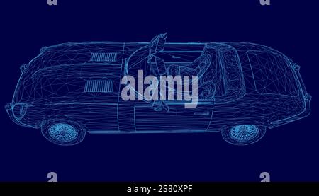 Auto blu con sedile di guida e volante. Illustrazione Vettoriale