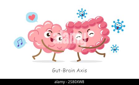 Asse intestino-cervello . Personaggio cartoni animati del cervello e dell'intestino umano . Il concetto di prebiotici e probiotici si riferiscono alla funzione cerebrale . Vettore . Illustrazione Vettoriale