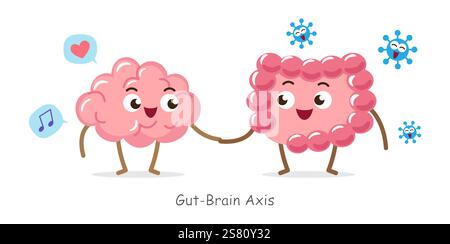 Asse intestino-cervello . Personaggio cartoni animati del cervello e dell'intestino umano . Il concetto di prebiotici e probiotici si riferiscono alla funzione cerebrale . Vettore . Illustrazione Vettoriale