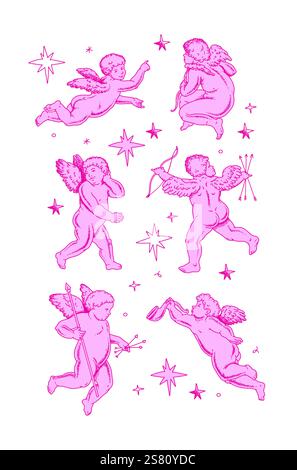 Il cherubino delinea e linee artistiche per San Valentino con cupido Vector. Simbolo vettoriale dell'amore e del romantico. Illustrazione Antique Angel Baby Cupid Illustrazione Vettoriale
