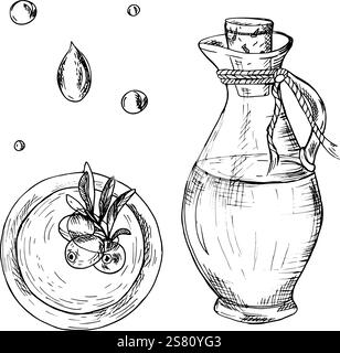 Set di caraffa in vetro dell'olio d'oliva, gocce di olio, frutta di oliva e rami nel recipiente dell'olio dalla vista dall'alto. Disegno botanico disegnato a mano, illustrazione vettoriale. Per Illustrazione Vettoriale