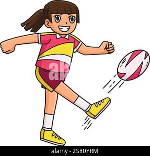 Giocatrice di rugby femminile che calcia la palla del cartone animato Clipart Illustrazione Vettoriale