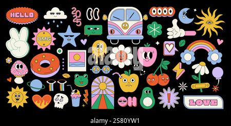 Adesivi stravaganti. Cartoon icone psichedeliche retrò anni '70, elementi decorativi hippie vintage con fiori e segni di pace. Set isolato vettoriale. Illustrazione Vettoriale