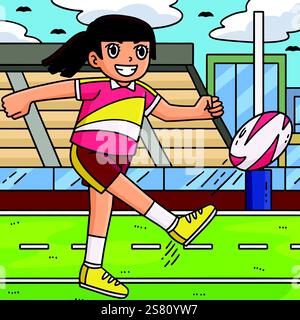 Femmina Rugby femmina Kicking Ball colorato cartone animato Illustrazione Vettoriale
