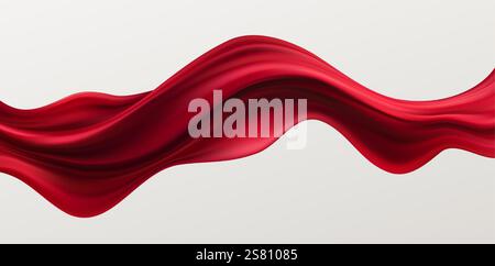 Nastro in tessuto di seta rosso ondulato che vola isolato su sfondo bianco Illustrazione Vettoriale