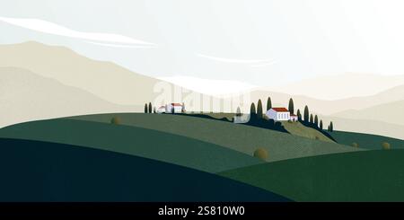 Poster paesaggistico naturalistico italiano. Sfondo geometrico astratto con montagne e colline, striscioni vintage con vecchie case italiane. Illustrazione vettoriale. Illustrazione Vettoriale