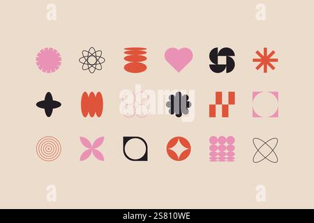 Forme geometriche brutaliste. Forme primitive di base minimali degli anni '80, rétro astratto degli anni '90, simboli a forma di stella triangolare quadrata e eccentrica. Raccolta vettoriale. Illustrazione Vettoriale