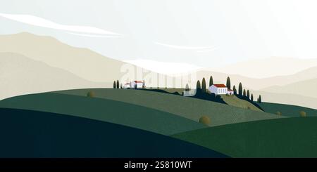 Poster paesaggistico naturalistico italiano. Sfondo geometrico astratto con montagne e colline, striscioni vintage con vecchie case italiane. Illustrazione vettoriale. Illustrazione Vettoriale