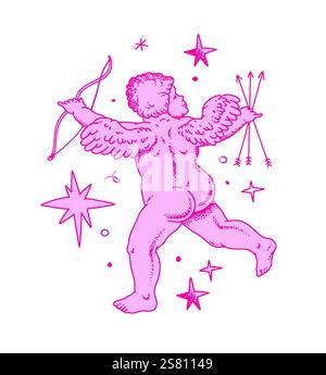 Il cherubino delinea e linee artistiche per San Valentino con cupido Vector. Simbolo vettoriale dell'amore e del romantico. Illustrazione Antique Angel Baby Cupid Illustrazione Vettoriale