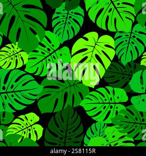 Delizioso motivo a foglia di mostro. Monstera tropicale giungla senza cuciture. Illustrazione vettoriale disegnata a mano per tessuti, tessuti, carta da parati turismo desig Illustrazione Vettoriale