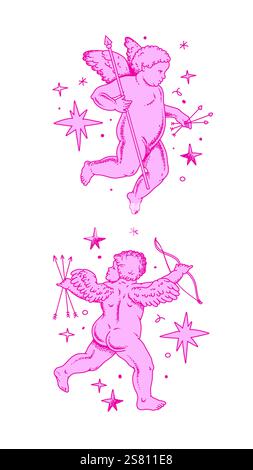 Il cherubino delinea e linee artistiche per San Valentino con cupido Vector. Simbolo vettoriale dell'amore e del romantico. Illustrazione Antique Angel Baby Cupid Illustrazione Vettoriale