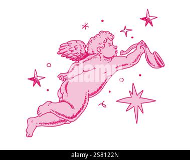 Il cherubino delinea e linee artistiche per San Valentino con cupido Vector. Simbolo vettoriale dell'amore e del romantico. Illustrazione Antique Angel Baby Cupid Illustrazione Vettoriale