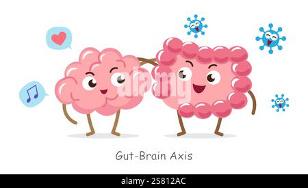Asse intestino-cervello . Personaggio cartoni animati del cervello e dell'intestino umano . Il concetto di prebiotici e probiotici si riferiscono alla funzione cerebrale . Vettore . Illustrazione Vettoriale