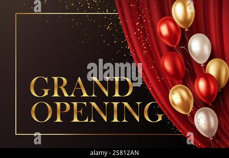 Cerimonia di inaugurazione della tenda rossa che drappa le pieghe d'onda palco del teatro Confetti d'oro e palloncini Illustrazione Vettoriale