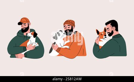 L'uomo abbraccia il set di cani. Personaggi dei cartoni animati con diverse razze di cani, persone con animali domestici, maschio che tiene un cucciolo carino e un cane. Raccolta piatta vettoriale. Illustrazione Vettoriale