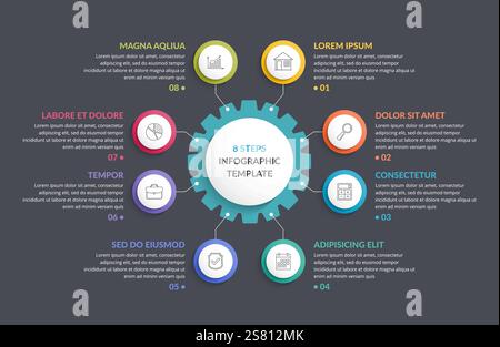 Modello infografico con attrezzatura con otto elementi, passaggi o opzioni, illustrazione vettoriale eps10 Illustrazione Vettoriale