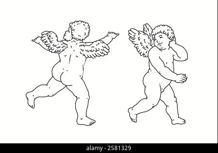 Il cherubino delinea e linee artistiche per San Valentino con cupido Vector. Simbolo vettoriale dell'amore e del romantico. Illustrazione Antique Angel Baby Cupid Illustrazione Vettoriale