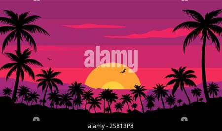 Una scena tropicale con palme e tramonto Illustrazione Vettoriale
