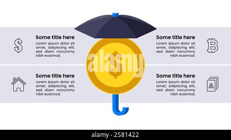 Modello infografico con icone e 4 opzioni o passaggi. Concetto di risparmio. Può essere utilizzato per layout del flusso di lavoro, banner, diagrammi, webdesign. Illustrazione vettoriale Illustrazione Vettoriale