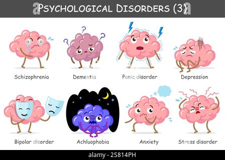 Disturbi psicologici set 3. Includono schizofrenia, demenza, disturbo di panico, depressione, bipolare, fobia, ansia, stress. Carini personaggi dei cartoni animati. Illustrazione Vettoriale