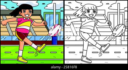 Figura femminile di rugby che prende a calci la palla Illustrazione Vettoriale