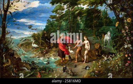 Jan Brueghel il giovane 1601-1678 "Adamo ed Eva nel Paradiso terrestre" 1640, 48 x 83 cm olio su pannello. Foto Stock