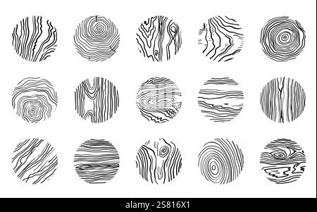 Cerchio della linea di legno. Sezione trasversale del tronco dell'albero con anelli topografici, sezioni di tronchi in legno bianco e nero con schizzo del contorno. Set isolato vettoriale. Illustrazione Vettoriale