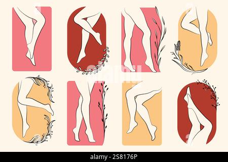 Donna, gambe, cura della pelle. Procedura cosmetica con logo per pedicure e depilazione delle gambe, piedi femminili in un salone di bellezza, gambe sottili. Set isolato vettoriale. Illustrazione Vettoriale