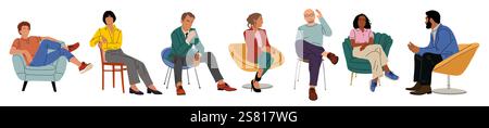 Gruppi diversi di persone sedute su sedie. Illustrazione Vettoriale
