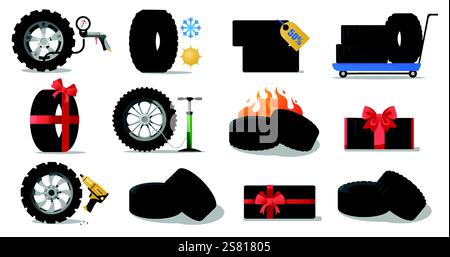 Icone pneumatici per auto. Ruote piane in gomma per veicoli, attrezzature per la manutenzione e l'assistenza automatica, pressione degli pneumatici e stile isometrico del disco ruota. Vettore Illustrazione Vettoriale