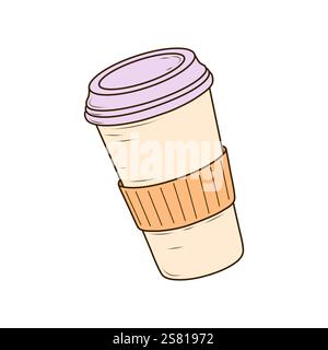Tazza da caffè in carta da asporto con coperchio e custodia per cartoni animati. Tazza da tè da asporto chiusa con tappi in plastica. Caffè, latte, bevanda calda da portare via. Vettore piatto Illustrazione Vettoriale