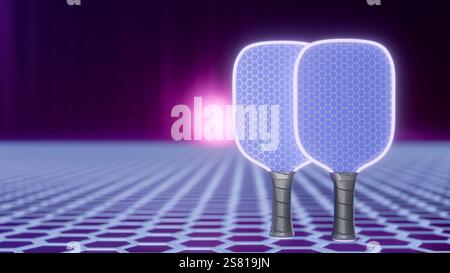 Due pale blu brillanti con palla da picchetto su sfondo a griglia. rendering 3d. Foto Stock
