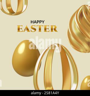 Buona Pasqua Design astratto di sfondo con uova di Pasqua in oro 3d. Illustrazione Vettoriale