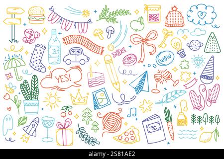 Carino ragazzo scarabeo. Elementi della linea dei doodle per bambini, divertenti icone di schizzo per bambini per il design in età prescolare, elementi della matita disegnati a mano per il bambino. Set isolato vettoriale. Illustrazione Vettoriale