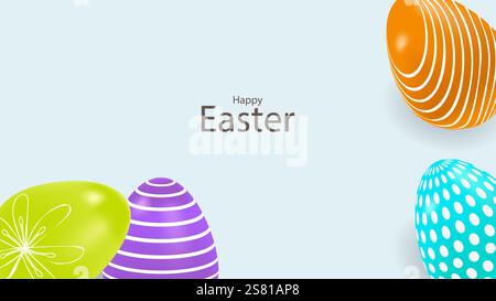 Buona pasqua 3d colorate uova banner design. Per il web packaging e la pubblicità sui social media. Modello poster di invito cartolina. Illustrazione vettoriale. Illustrazione Vettoriale