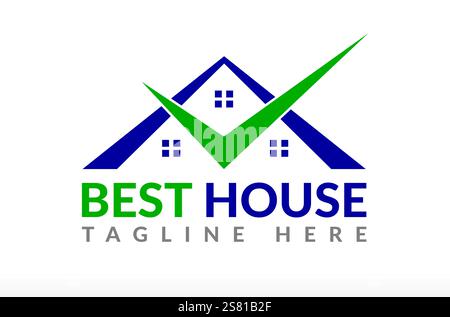 Design del logo Best Real Estate, logo BEST House, logo assicurazione casa, segno di spunta, miglior mutuo immobiliare, logo architettura concept duplex triplex Illustrazione Vettoriale