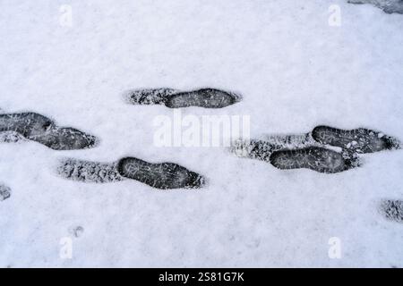 Un terreno innevato con quattro serie di impronte. Le impronte sono nella neve e hanno la forma del piede di una persona. L'immagine ha una calma e una p Foto Stock