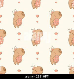 Motivo pasquale senza cuciture. Divertente capybara con orecchie da coniglio con uovo pasquale su sfondo bianco con cuore. Carino personaggio animato kawaii in vacanza. V Illustrazione Vettoriale