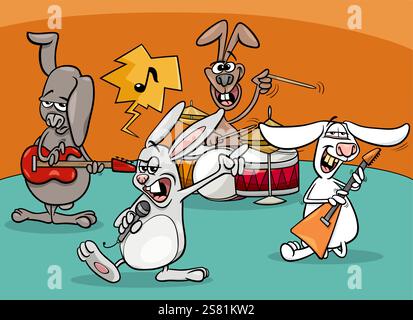 Illustrazione a cartoni animati di simpatici coniglietti rock and roll band di musicisti Illustrazione Vettoriale