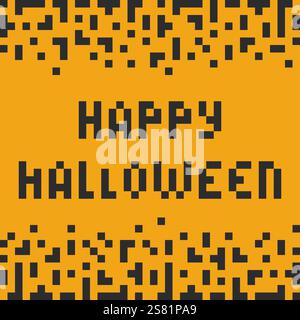Scritta "Happy Halloween Pixel Art" scura su sfondo arancione. Modello materiale di saluto o di stampa. Illustrazione vettoriale isolata schede tematiche, opuscoli, invito, prezzo, etichetta o banner promozionale Web Illustrazione Vettoriale