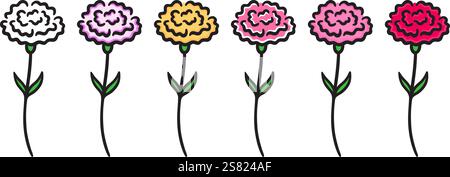 Set di colori per fiori di garofano. Semplice disegno a mano, disegno con contorno nero, illustrazione vettoriale. Illustrazione Vettoriale