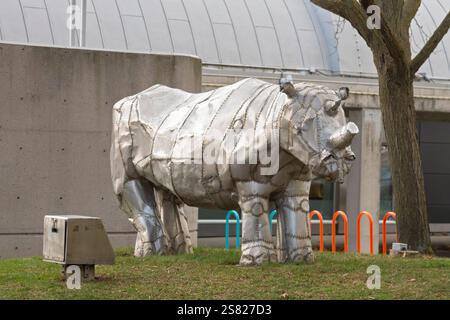 London, Ontario, Canada - un rinoceronte bianco in alluminio dell'artista Tom Benner fuori dal Museum London. (Il corno fu tagliato via dai vandali, un destino che spesso befa Foto Stock
