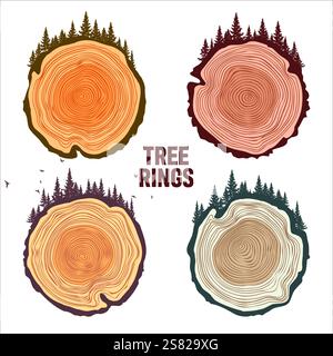 Tronco di alberi rotondi taglia con alberi, foreste e uccelli. Fette di pino o quercia segate, legname. Sega tagliava legname, legno. Struttura in legno marrone con anelli ad albero. Mano Illustrazione Vettoriale